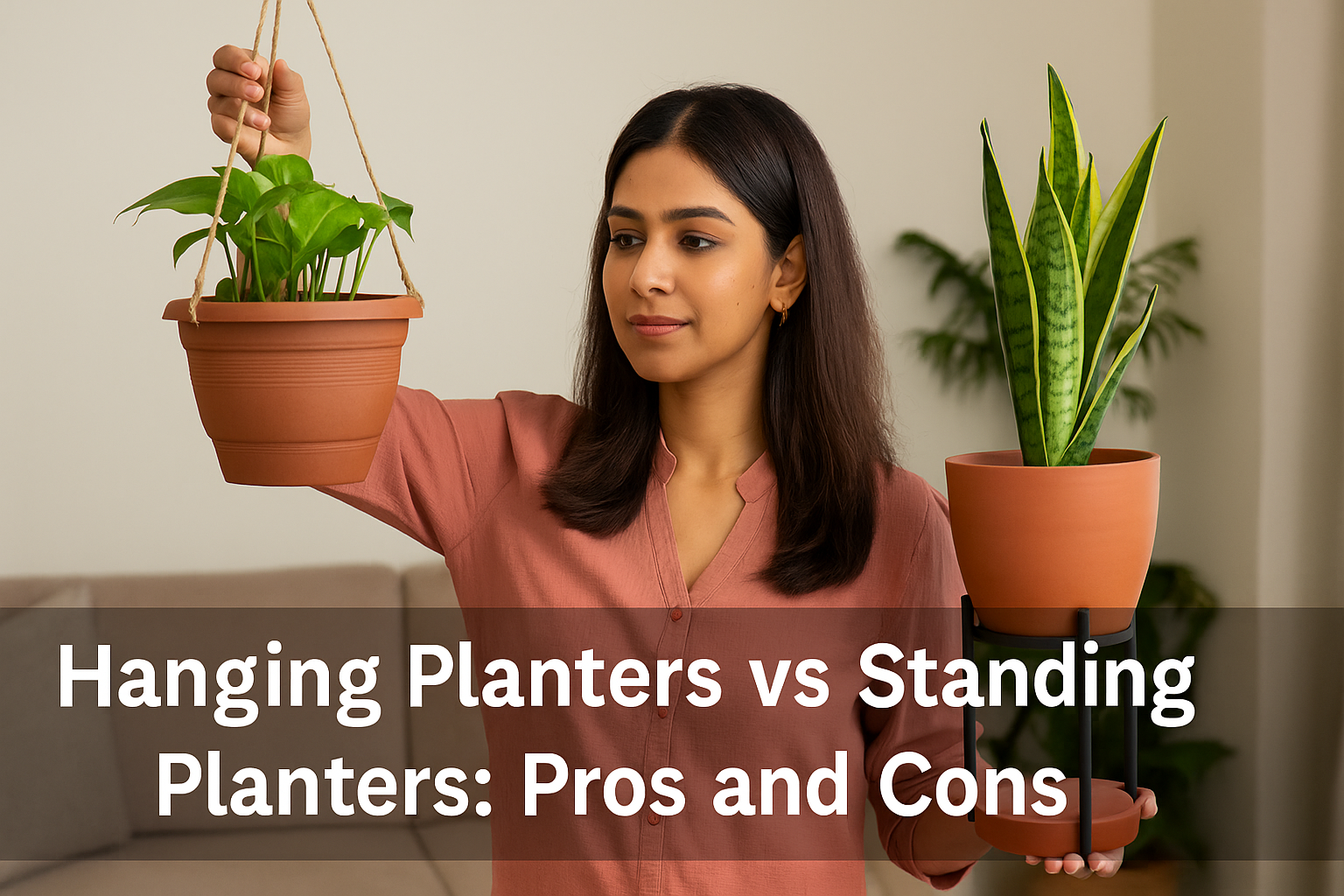 An Indian woman is evaluating a hanging planter and a standing planter, showcasing the pros and cons of each option for indoor gardening.